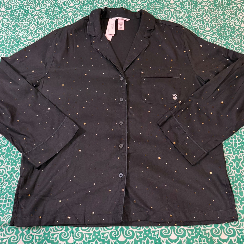 Victorias Secret Pajama Set Small Black Gold Star Celestial Button Top Pants NEW
